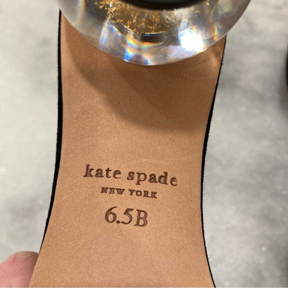 KATE SPADE NY Polished Black Suede Open Toe Snow Globe Clear Ball Heel Sandals - Picture 11 of 13